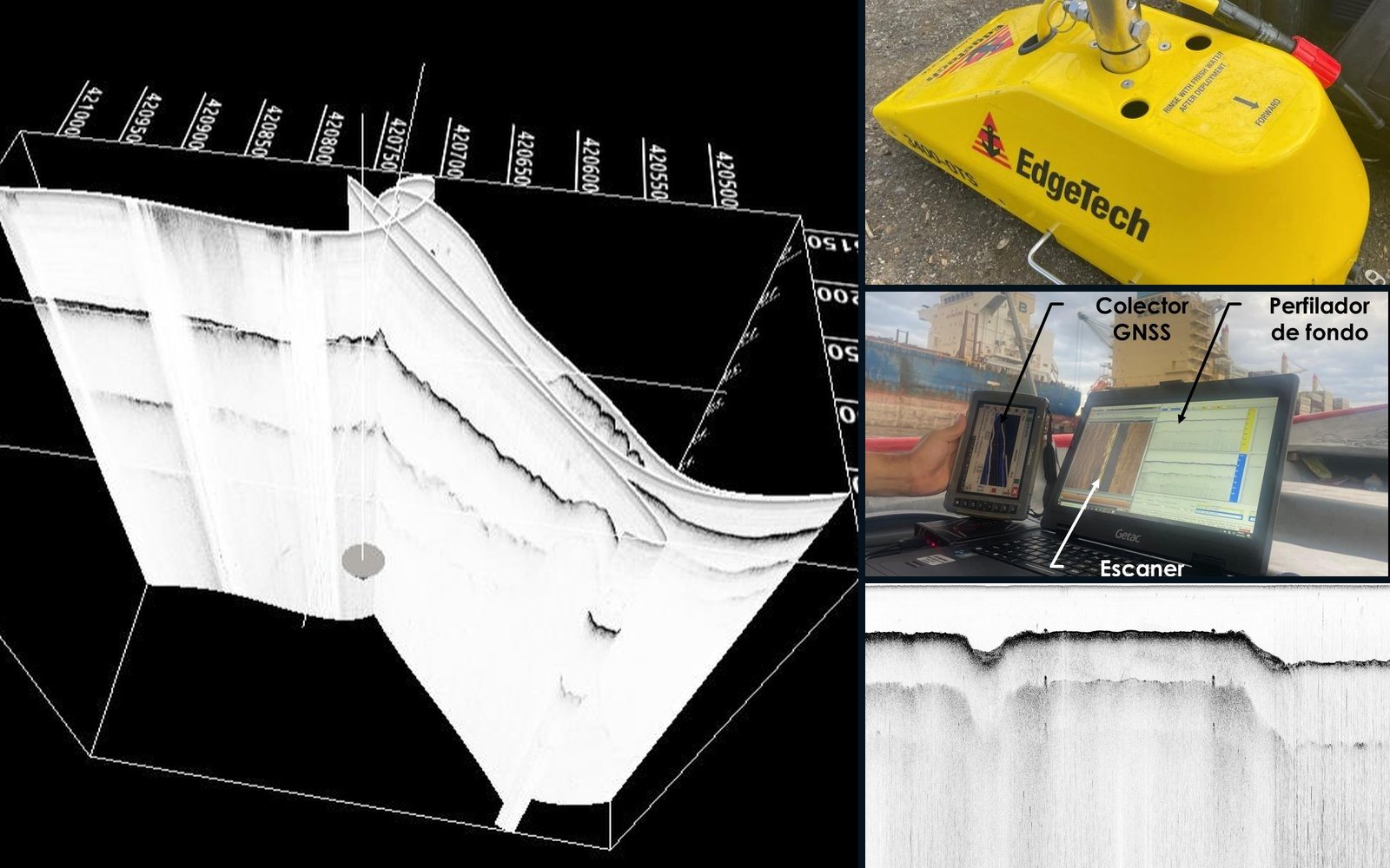 Perfilador de subfondo EdgeTech, adquisición con sonar y GNSS, ecograma 3D junto al rompeolas y ecograma de un puesto de atraque