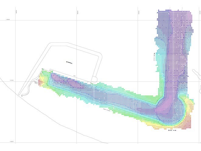 Superficie batimétrica de seguimiento del dragado sobre el plano de la terminal de contenedores de Moín